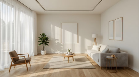 Interior of modern living room with white walls, wooden floor, comfortable gray sofa, coffee table and two vertical mock up posters. 3d renderingの素材