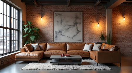 Modern interior of living room with brown leather sofa 3d render illustrationの素材