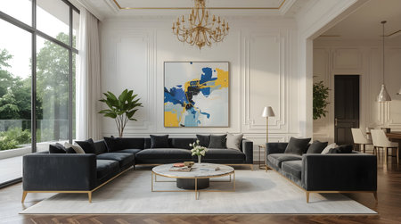 Luxury living room interior with black sofas, sofa, coffee table and paintings on wall. 3d renderingの素材