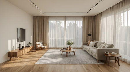 Interior of modern living room with white walls, wooden floor, beige sofa standing near coffee table and tv. 3d renderingの素材