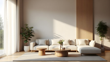 Living room with sofa and coffee table. 3d render illustration.の素材