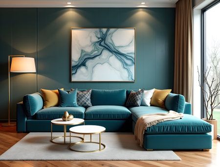 interior with blue sofa, 3d render and blank poster frameの素材