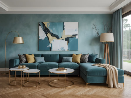 interior of modern living room with blue sofa, 3d renderの素材