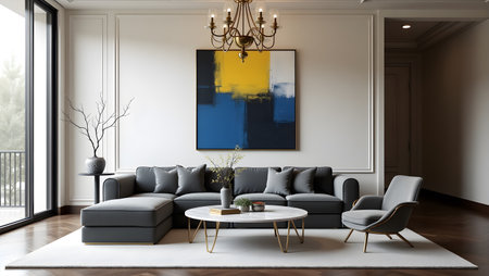 Living room interior with a gray sofa, coffee table and a large window. 3d rendering mock upの素材