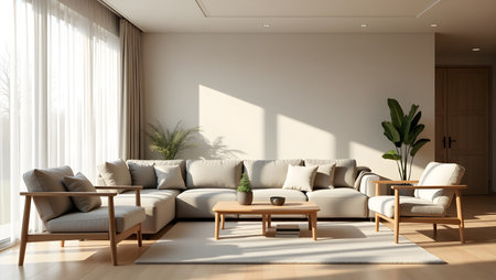 interior of modern bright living room with sofa 3D rendering illustrationの素材