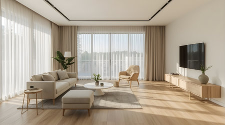 Interior of modern living room with white walls, wooden floor, comfortable sofa and coffee table. 3d renderingの素材