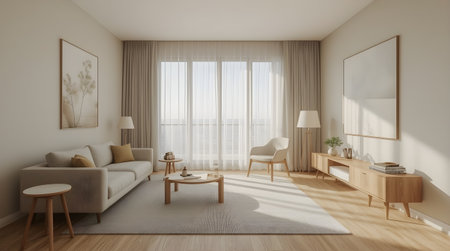 Interior of modern living room with white walls, wooden floor, beige sofa and coffee table. 3d renderの素材