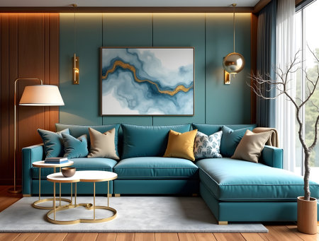 Interior of modern living room with blue sofa, coffee table and poster on wall, 3d renderの素材