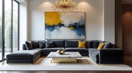 Interior of modern living room with black sofa 3D rendering imageの素材