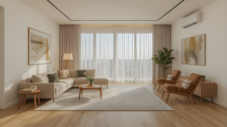 Interior of modern living room with wooden floor, 3d renderの素材