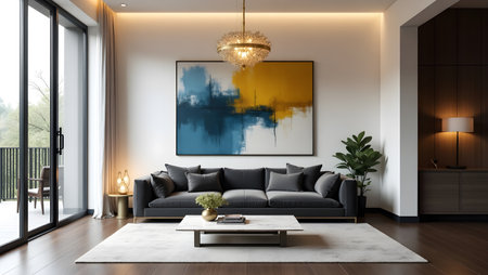 Interior of modern living room with black sofa 3d Illustrationの素材