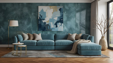 interior with blue sofa. 3d render illustration mock-upの素材