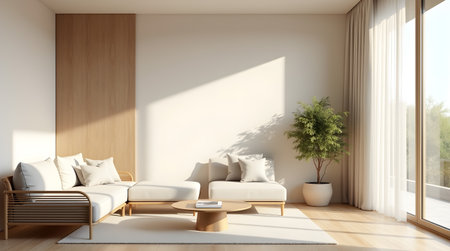 Interior of modern living room with white walls, wooden floor, beige sofa and coffee table. 3d renderingの素材