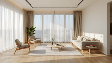 Interior of modern living room with white walls, wooden floor, beige sofa and coffee table. 3d renderingの素材