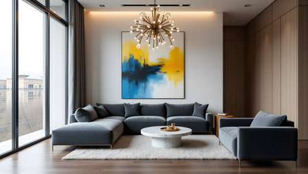 Interior of modern living room with blue sofa, coffee table and painting on wall. 3d renderingの素材