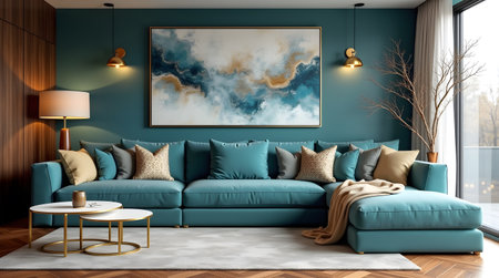 Interior of modern living room with blue sofa 3d rendering imageの素材