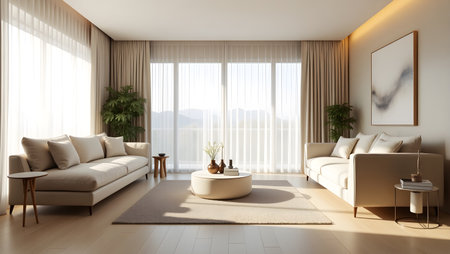 Interior of modern living room with white sofa and coffee table. 3d renderの素材