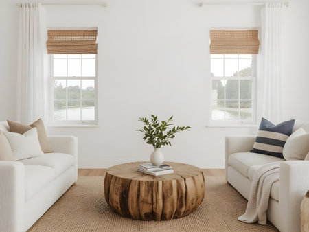 interior of modern living room with white walls, carpet, round coffee table and white sofaの素材