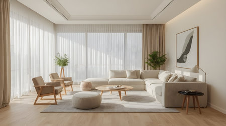 Interior of living room with white sofa, armchair and coffee table. 3d renderの素材