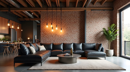 modern loft living room design with black leather sofa 3d Illustrationの素材