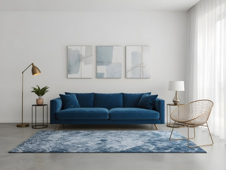 interior with blue sofa, 3d render illustration mock-upの素材