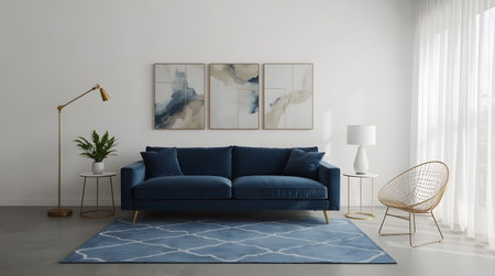 Interior of modern living room with blue sofa, 3d renderの素材