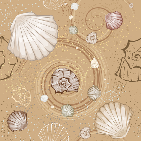 seamless pattern of brown and beige stylized sea shell on the beige, sandy ground.
のイラスト素材