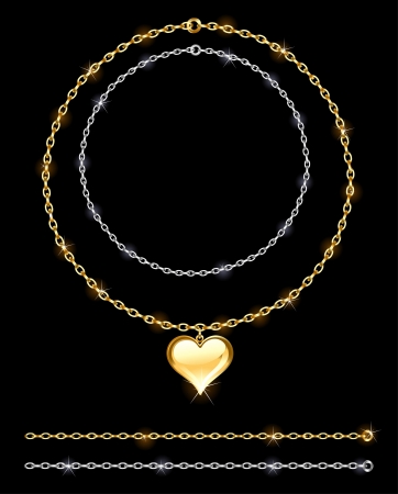 gold and silver chain adorned with gold jewelry heart on a black backgroundのイラスト素材