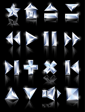 diamond cut multimedia icons on a black mirror background: pause, home, loading, plus, further, gameのイラスト素材