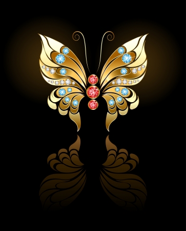 butterfly jewelry made ââof gold, adorned with precious round stones on a dark background.のイラスト素材
