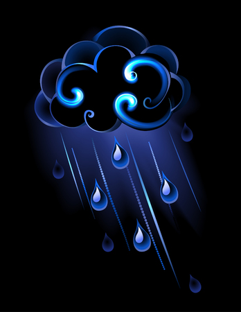glowing rain clouds with drops of water on black background.のイラスト素材