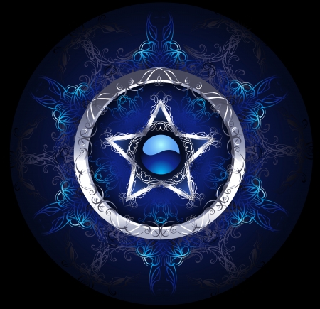 mystical, blue, patterned silver star on a black background.