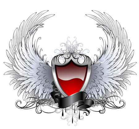 red shield with a silver stylized angel wings and dark ribbon on a white background.
のイラスト素材