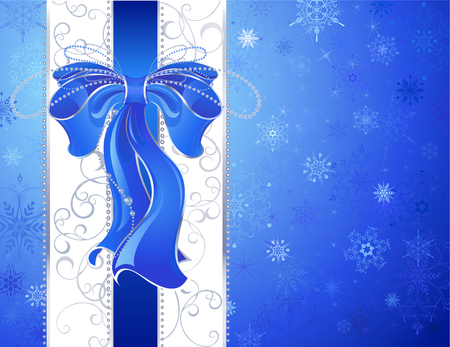 blue, luxurious, silk ribbon with a white ribbon on a blue patterned, snow, christmas background のイラスト素材
