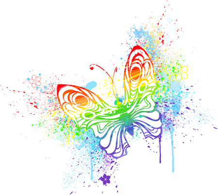 stylized butterfly painted with rainbow colors, on a white background        のイラスト素材