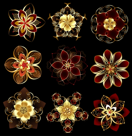 set of abstract, jewelry, gold, stylized flowers on a black background のイラスト素材