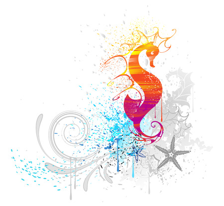 the sea horse, is drawn with red and yellow paint on a white background のイラスト素材