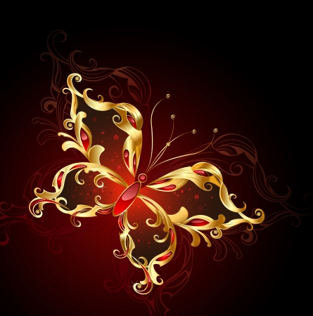 luxury golden butterfly encrusted with red jewels on a brown backgroundのイラスト素材