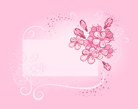 Banner with flowering cherry on pink luminous background with white pollen and fine frameのイラスト素材