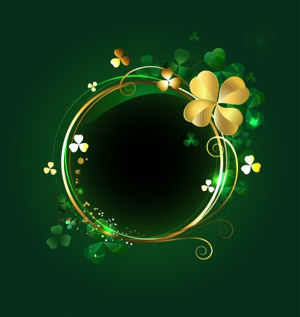 round golden banner with shamrocks and clover with four leaves on a green background のイラスト素材