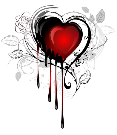 heart painted black and red paint, decorated with spiky stalks of roses on a white background のイラスト素材