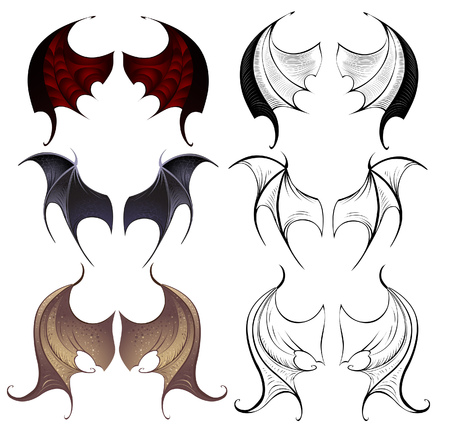 three pairs of leather membranous wings, contoured and detailed painted on a white background のイラスト素材