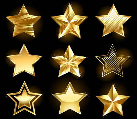 Set of gold, fine stars on a black background