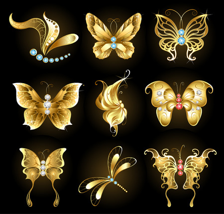 set of golden dragonflies and butterflies, encrusted with sapphires, rubies and diamonds on a black backgroundのイラスト素材