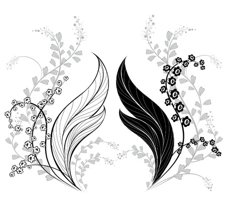 silhouette of two, artistically painted lily of the valley, with wild grass on a white background          のイラスト素材