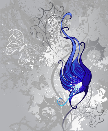 artistically drawn, strange blue flower on a gray textured background        のイラスト素材