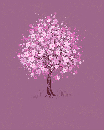 artistically painted pink flowering cherry tree on pink texturalのイラスト素材