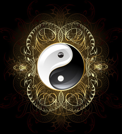 yin yang symbol on a dark, decorated with gold abstract pattern of abstract beings.のイラスト素材