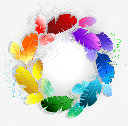 circle of bright rainbow feathers on a light background  のイラスト素材