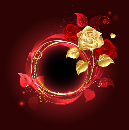 round banner with gold and red rose on red background のイラスト素材